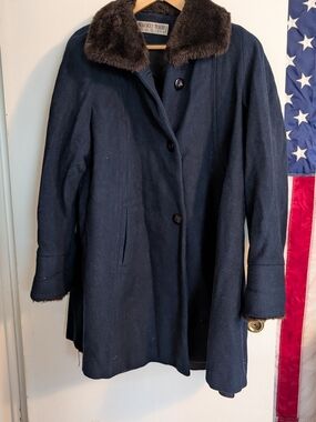 Navy Wool Swing Coat with Faux Fur Collar - Women's Size 14